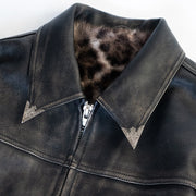 Leopard print genuine leather jacket with a boxy oversized fit by WOJO