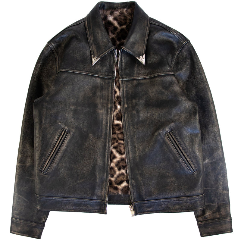 Leopard print genuine leather jacket with a boxy oversized fit by WOJO