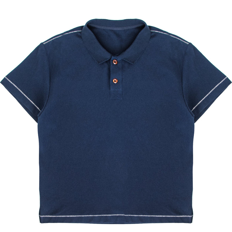 Navy blue cotton pique polo with single-stitch details by WOJO