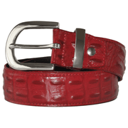 Red crocodile-embossed leather belt with stainless steel buckle by WOJO