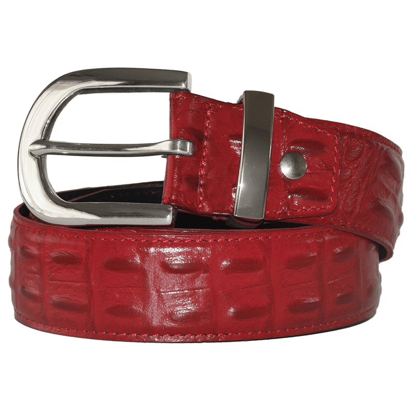 Red crocodile-embossed leather belt with stainless steel buckle by WOJO