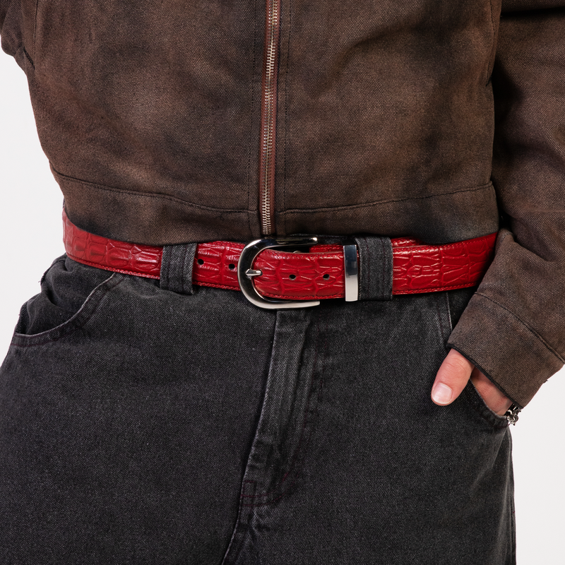 Red crocodile-embossed leather belt with stainless steel buckle by WOJO