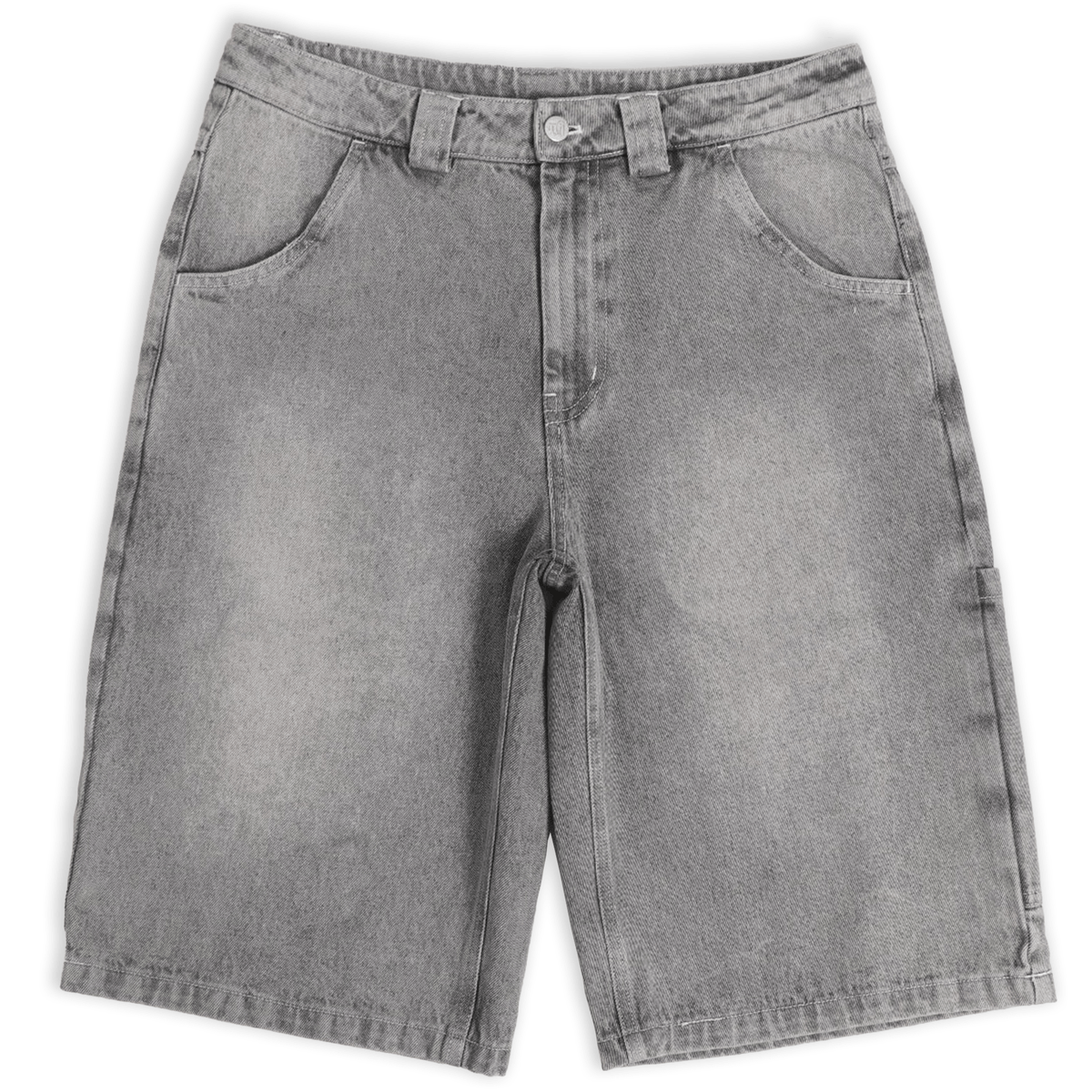 Silver heavyweight denim jorts with chrome leather patch by WOJO