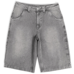 Silver heavyweight denim jorts with chrome leather patch by WOJO