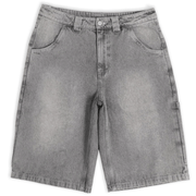 Silver heavyweight denim jorts with chrome leather patch by WOJO