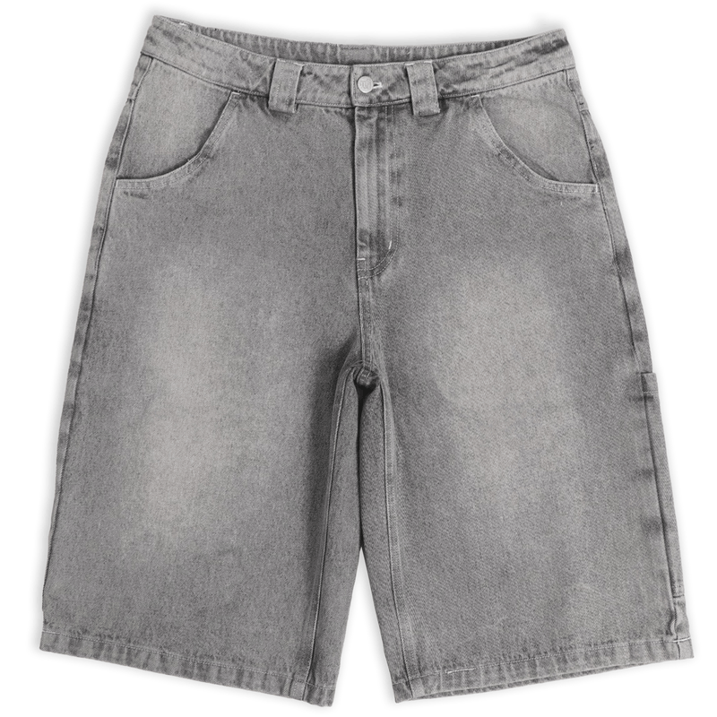 Silver heavyweight denim jorts with chrome leather patch by WOJO