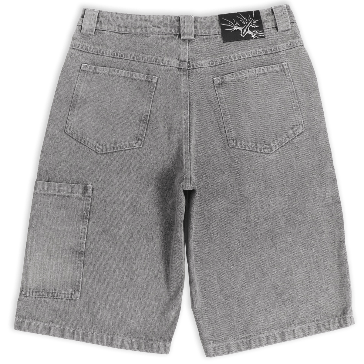 Silver heavyweight denim jorts with chrome leather patch by WOJO