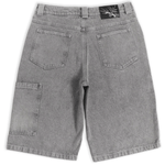 Silver heavyweight denim jorts with chrome leather patch by WOJO