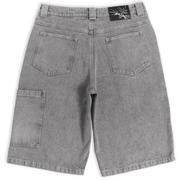 Silver heavyweight denim jorts with chrome leather patch by WOJO