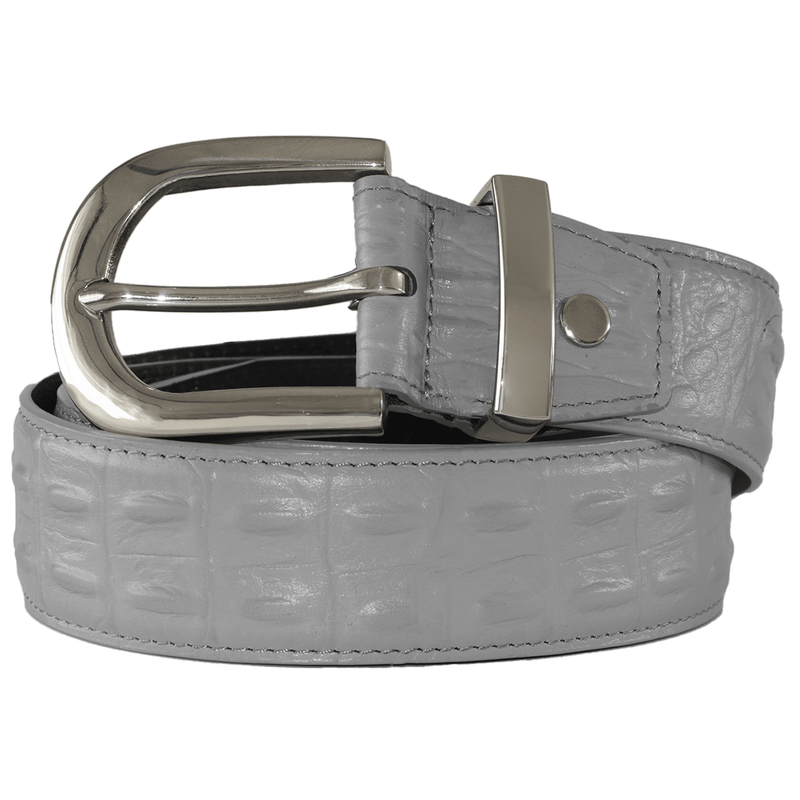 Slate grey crocodile-embossed leather belt with stainless steel buckle by WOJO