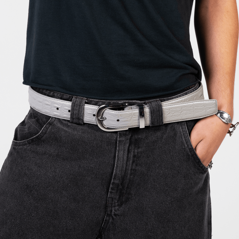 Slate grey crocodile-embossed leather belt with stainless steel buckle by WOJO