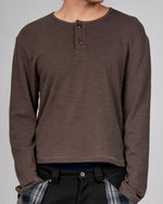 Grey slub cotton jersey henley with single-stitch details by WOJO