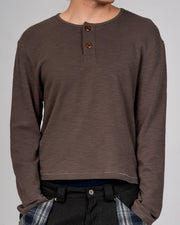 Grey slub cotton jersey henley with single-stitch details by WOJO