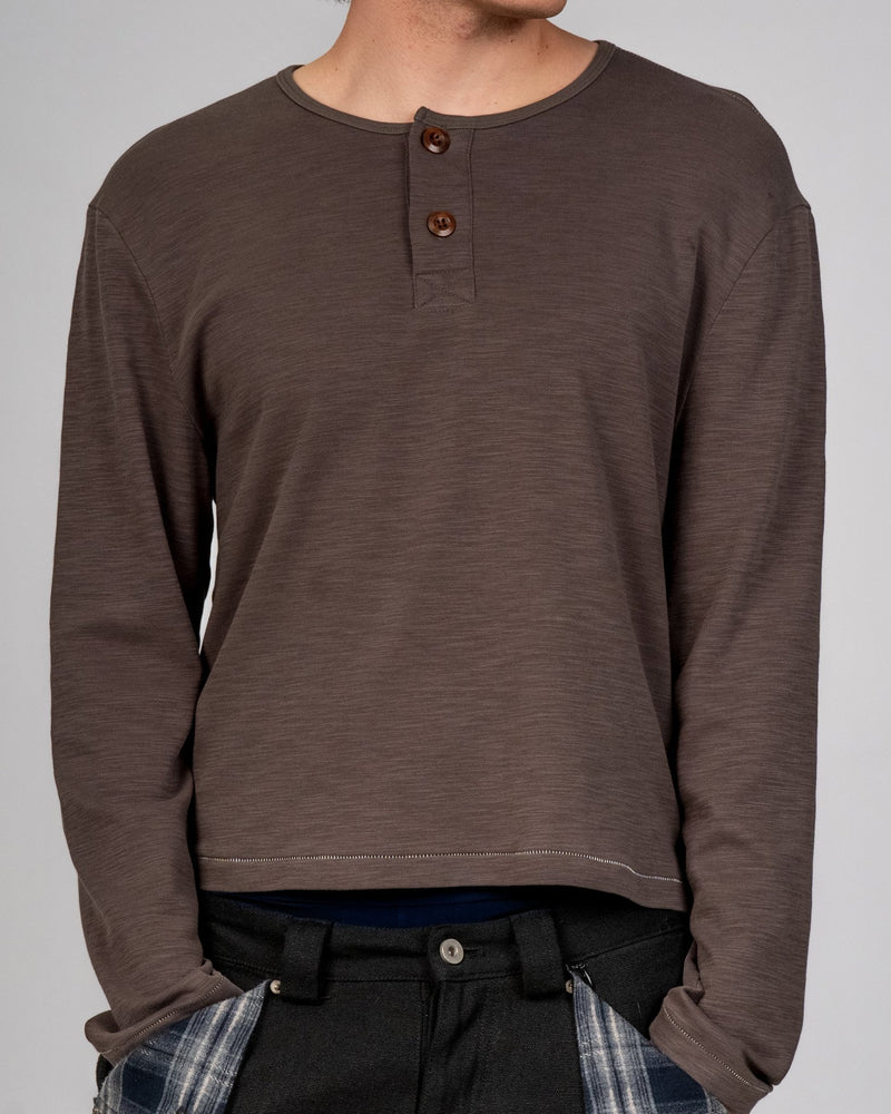 Grey slub cotton jersey henley with single-stitch details by WOJO