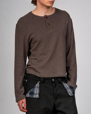 Grey slub cotton jersey henley with single-stitch details by WOJO