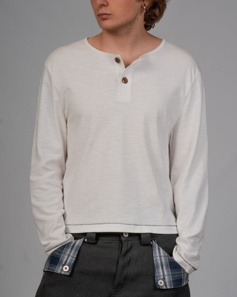White slub cotton jersey henley with single-stitch details by WOJO