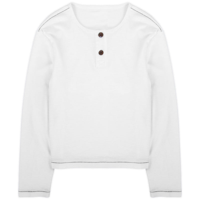 White slub cotton jersey henley with single-stitch details by WOJO