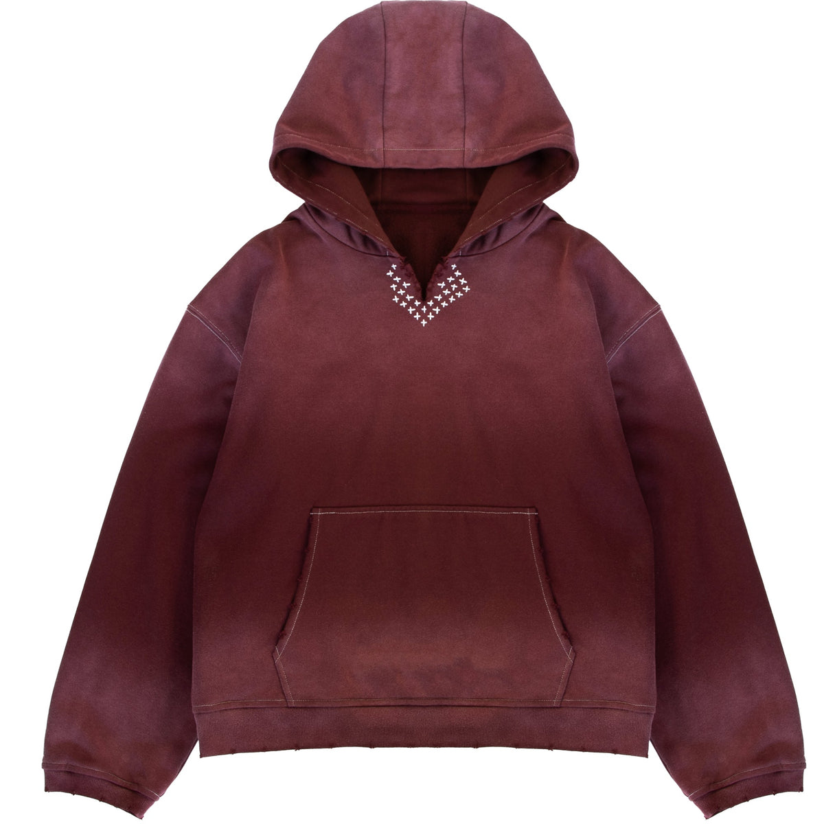 Sunfaded wine red heavyweight hoodie with Japanese sashiko stitching by WOJO