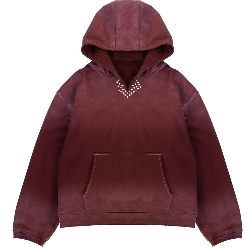 Sunfaded wine red heavyweight hoodie with Japanese sashiko stitching by WOJO