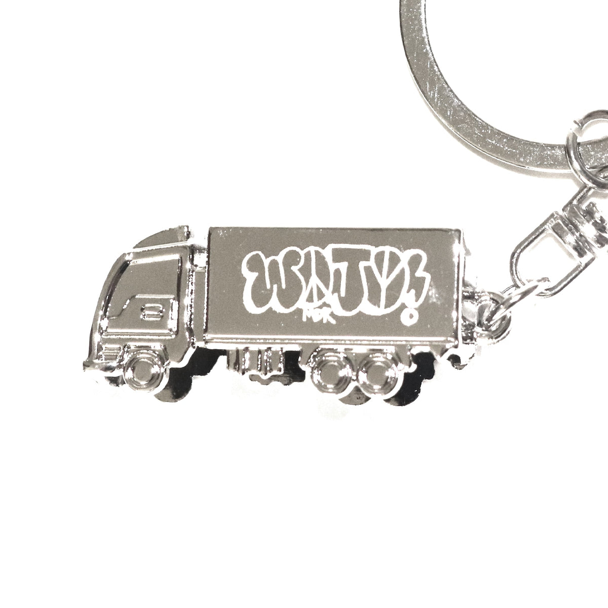 Polished silver laser-engraved metal keychain by WOJO
